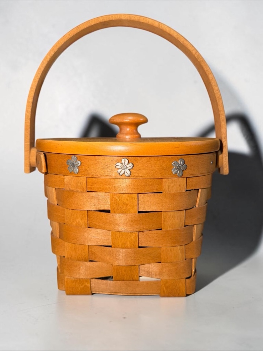 Longaberger Small Round Basket with Pewter Flower Accents 2007